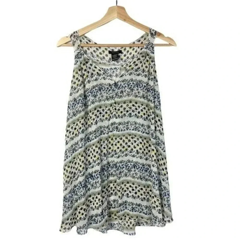 Boutique Timing Blue & Yellow Printed Semi Sheer Tank Top S
